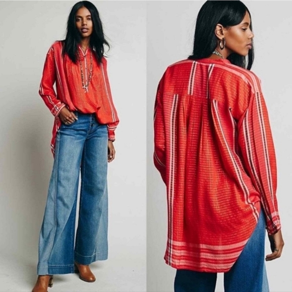 Free People Tops - FREE PEOPLE Red Yarn Dyed Gold Shimmer Long Sleeve Tunic Button Down Blouse